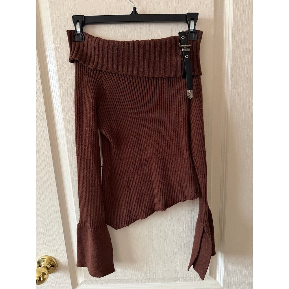 Hyperbees Brown Ribbed Off Shoulder Sweater S Western Buckle Belt Flare Sleeve